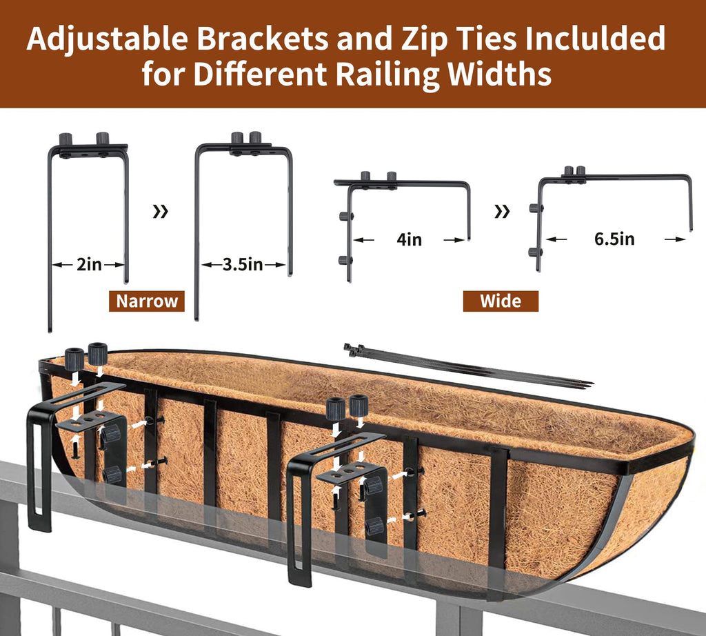 30" Deck Railing Planter Box with Horse Trough Coco Liners, Black Window Box Metal Hanging Flower Planters Baskets