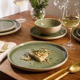 Manila Bay 12-Piece Stoneware Dinnerware Set, Service for 4, Reactive Glaze Modern Artisan Plates, Bowls & Mugs, Green