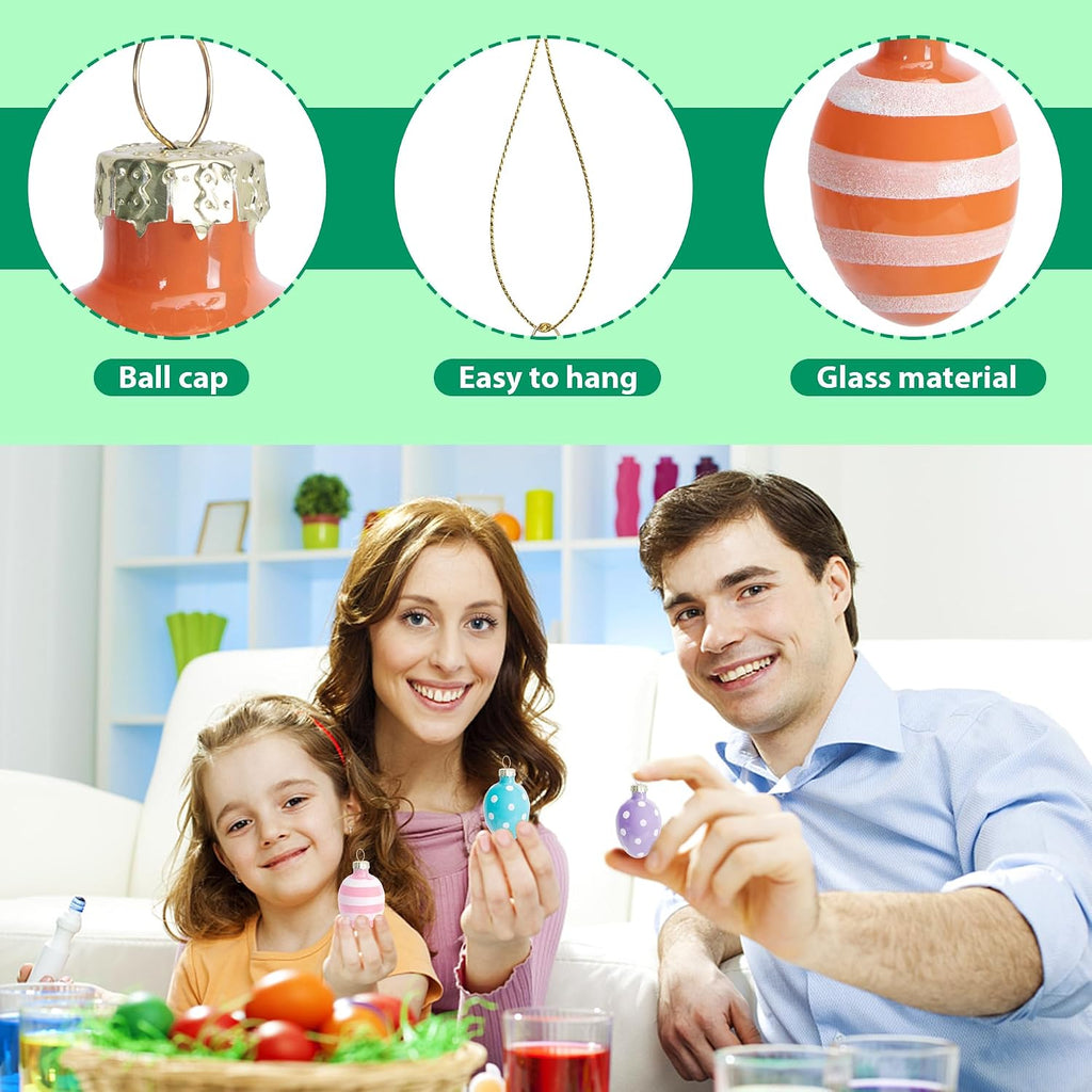 Glass Easter Hanging Eggs- 1.8 Inch Easter Eggs Hanging Ornaments- Dots Stripes Easter Decorations Eggs Tree - Set of 12