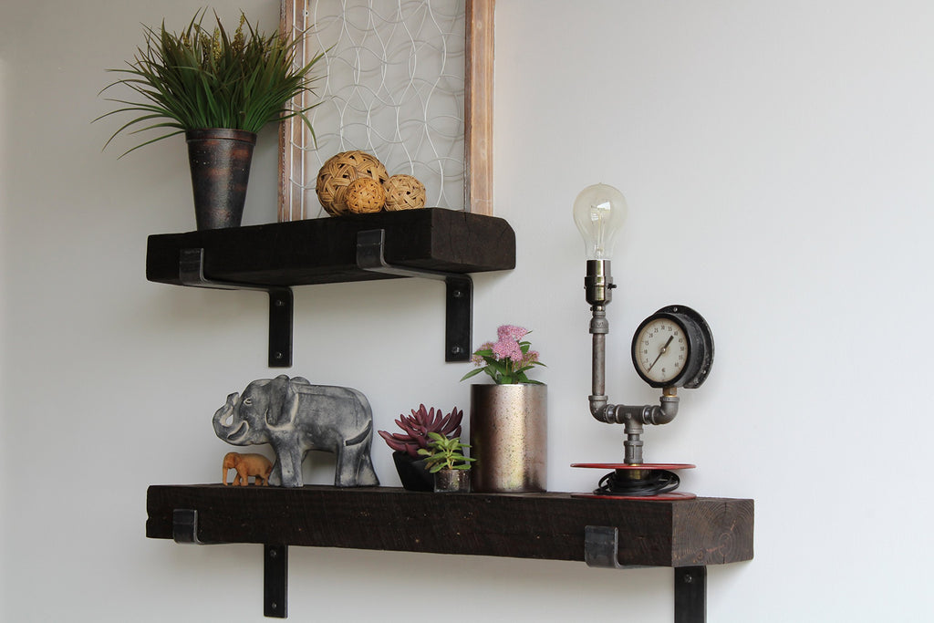 Reclaimed Barn Beam Accent Shelves | Floating or with Brackets Rustic Shelves, Set of 2 | (Bracketed Coffee Bean
