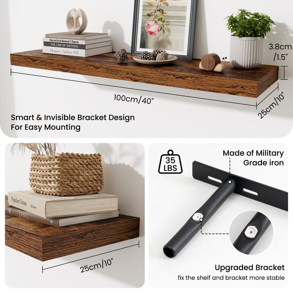 Floating Shelves Set of 3, 40 Inch Long Wooden Wall Shelves, 10 Inch Deep Wall Mounted Storage Shelf with Metal