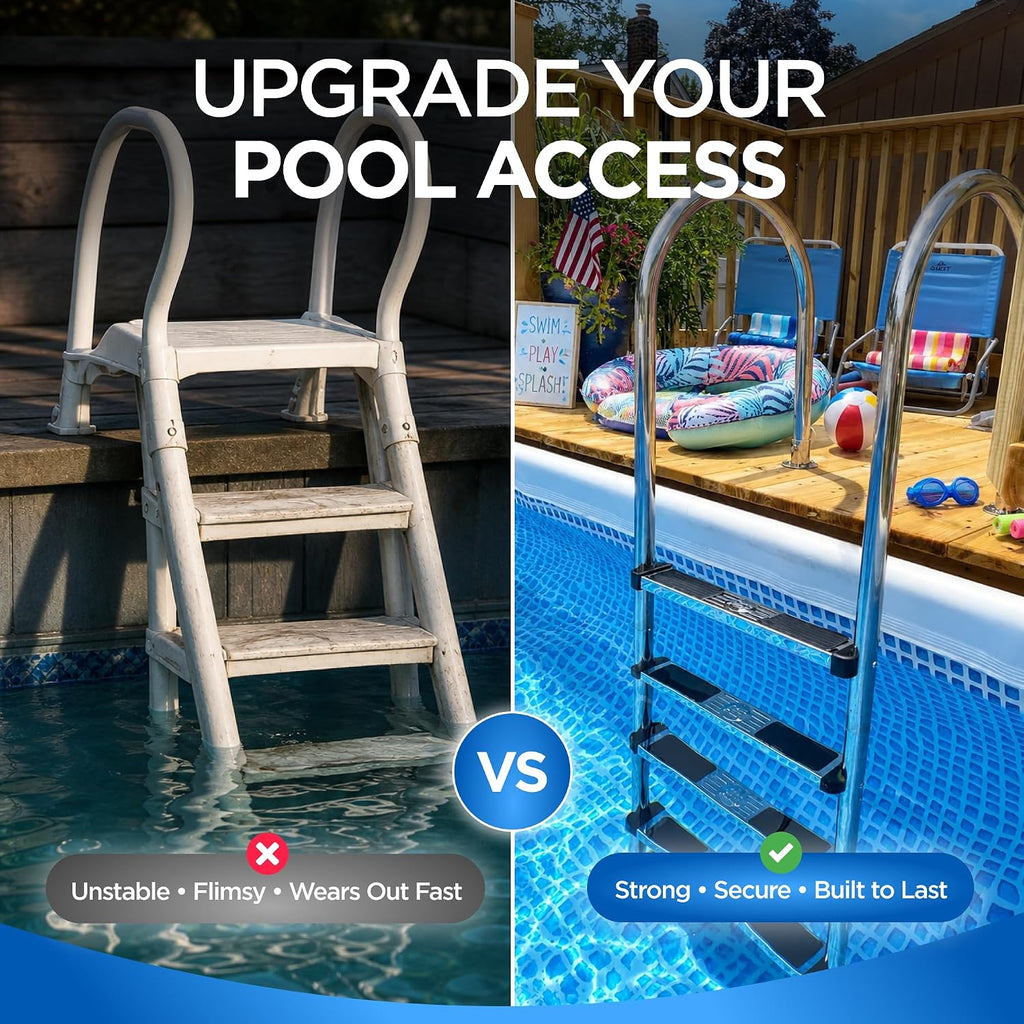 4-Step Pool Ladder - Non-Slip, 250 lb - 76 in - Stainless Steel | Above Ground Deck Mount, Weather Resistant Finish