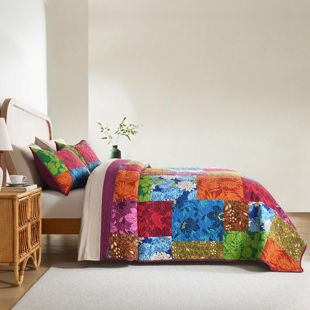 Quilt Bedspread Set with 2 Pillow Shams-Waffle Textured Breathable Coverlet Needle-Punched Plush Fill