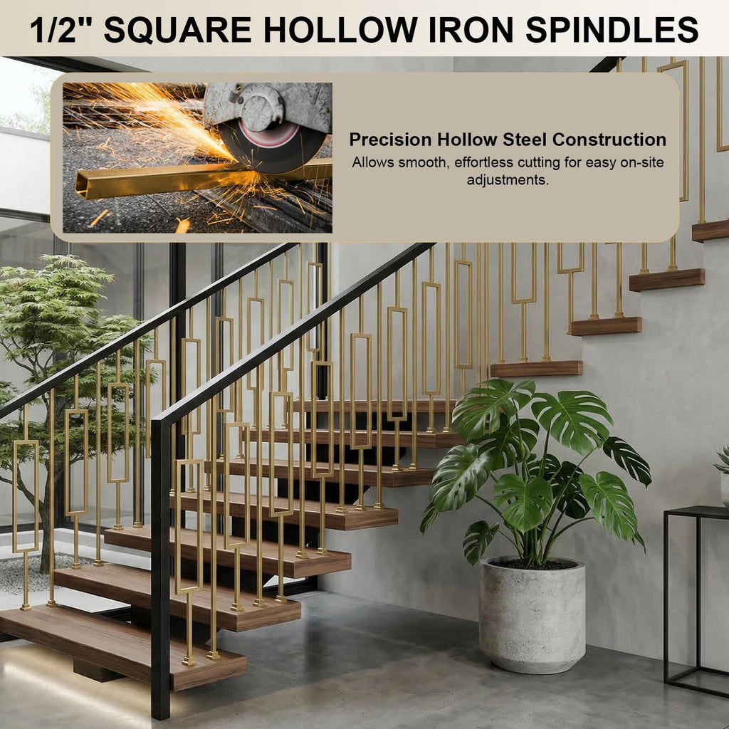 44" Brass Gold Wrought Iron Plain Balusters for Staircase Interior, 1/2" Square Hollow Iron Spindles, Decorative