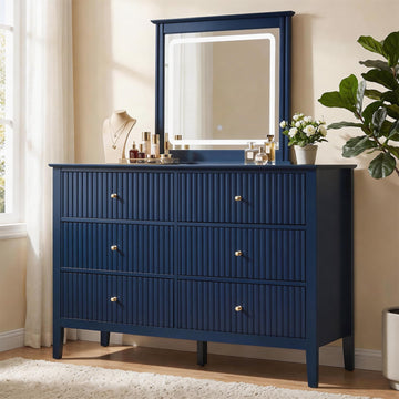 6 Drawer Dresser with Lighted Mirror, Blue Fluted Modern Wood Chest of Drawers, Long Dresser Storage
