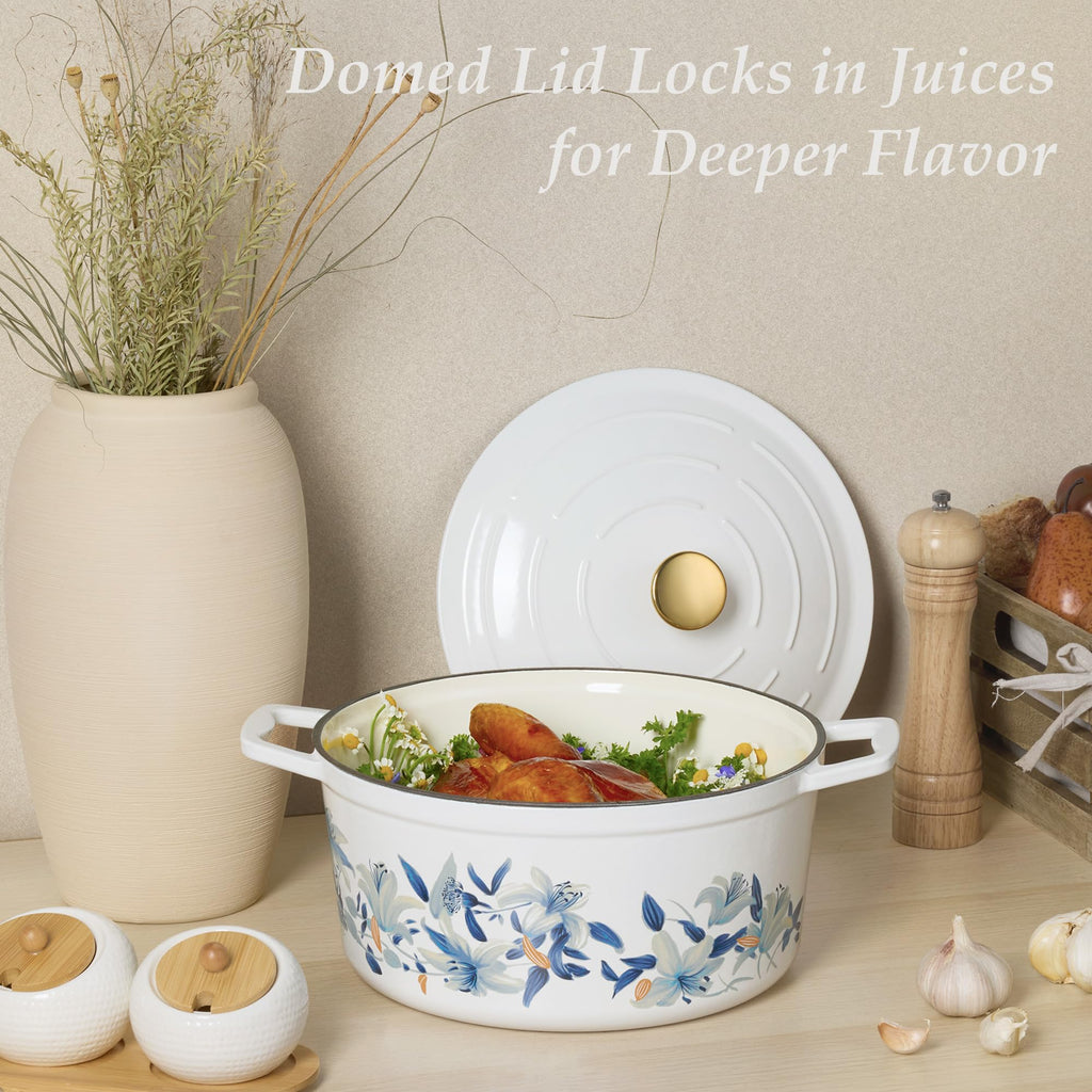7QT Enameled Cast Iron Dutch Oven Pot with Lid, White & Blue