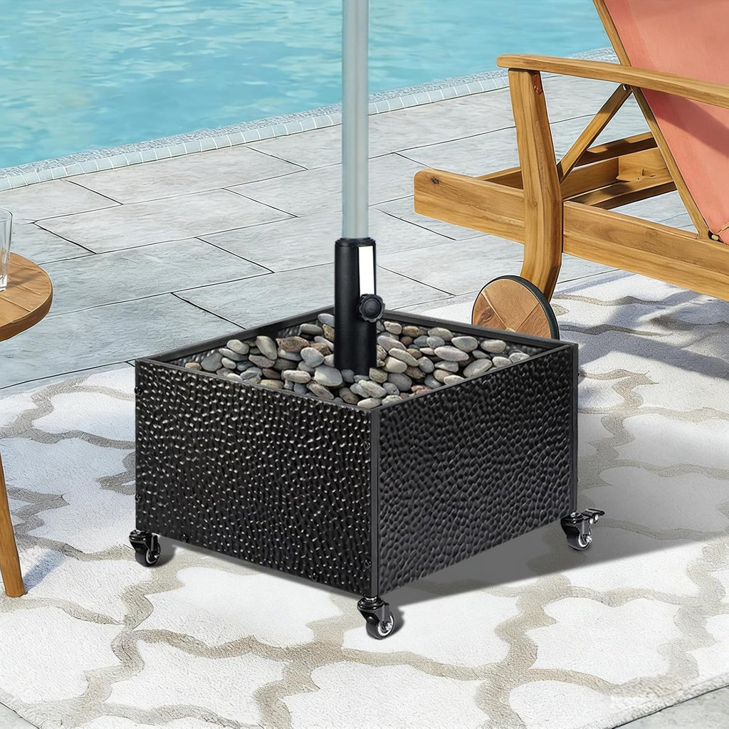 Heavy-Duty Metal Umbrella Base Stand with Wheels, 150lb Capacity Portable Fillable Planter - Black - S5NQ