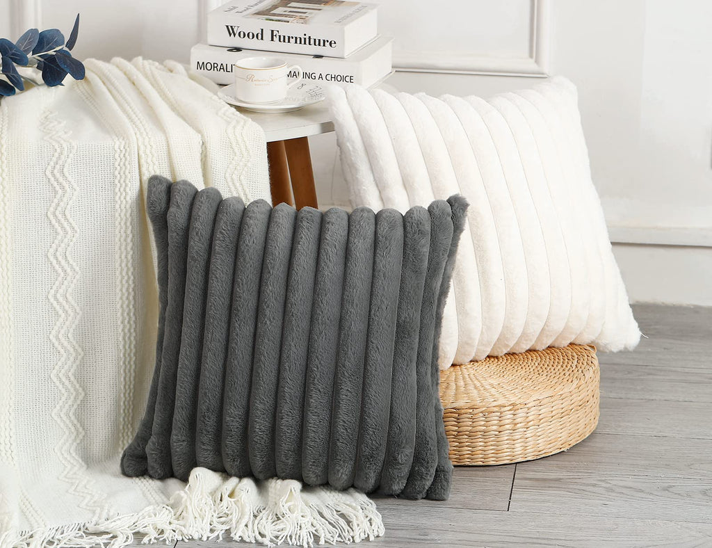 Set of 2 Faux Fur Decorative Throw Pillow Covers 18 x 18 Grey, Luxury Plush Modern Accent Funky Boho Pillow Covers