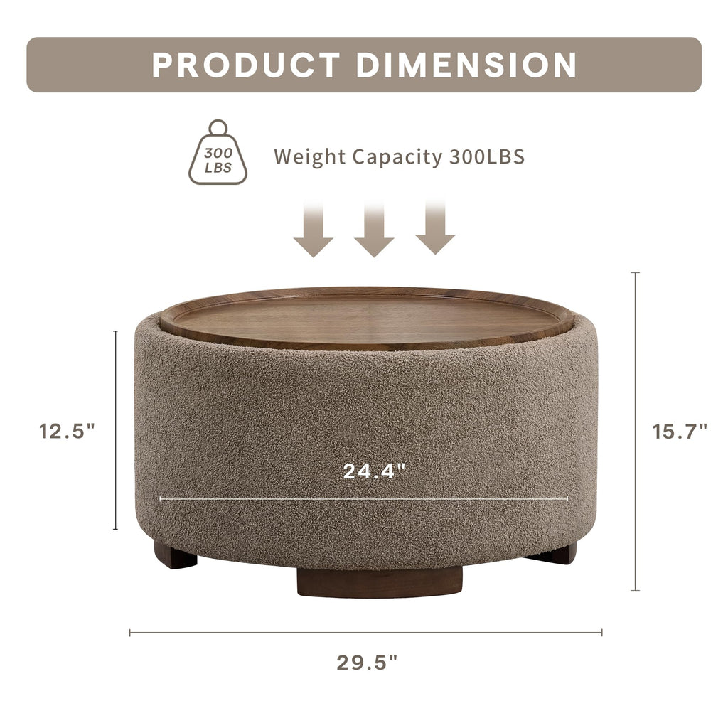 29.5 Inch Round Storage Ottoman Coffee Table, Brown Teddy
