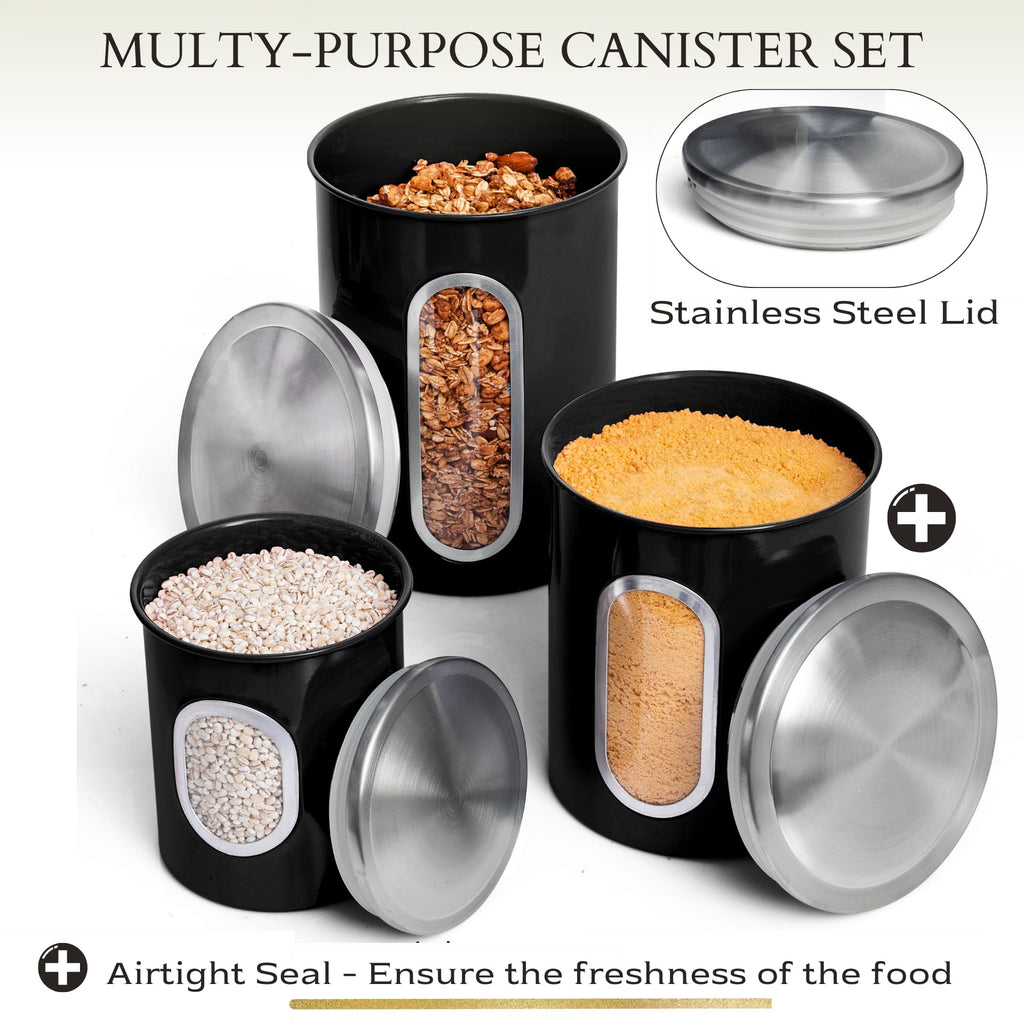 3-Pcs Black Canisters Set Storage Airtight Jars