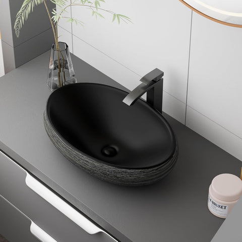 WinZo Bathroom Artistic Vessel Sink, 24x16x5.9 inch Oval Bowl Sink, Retro Ceramic Washbasin Above Counter