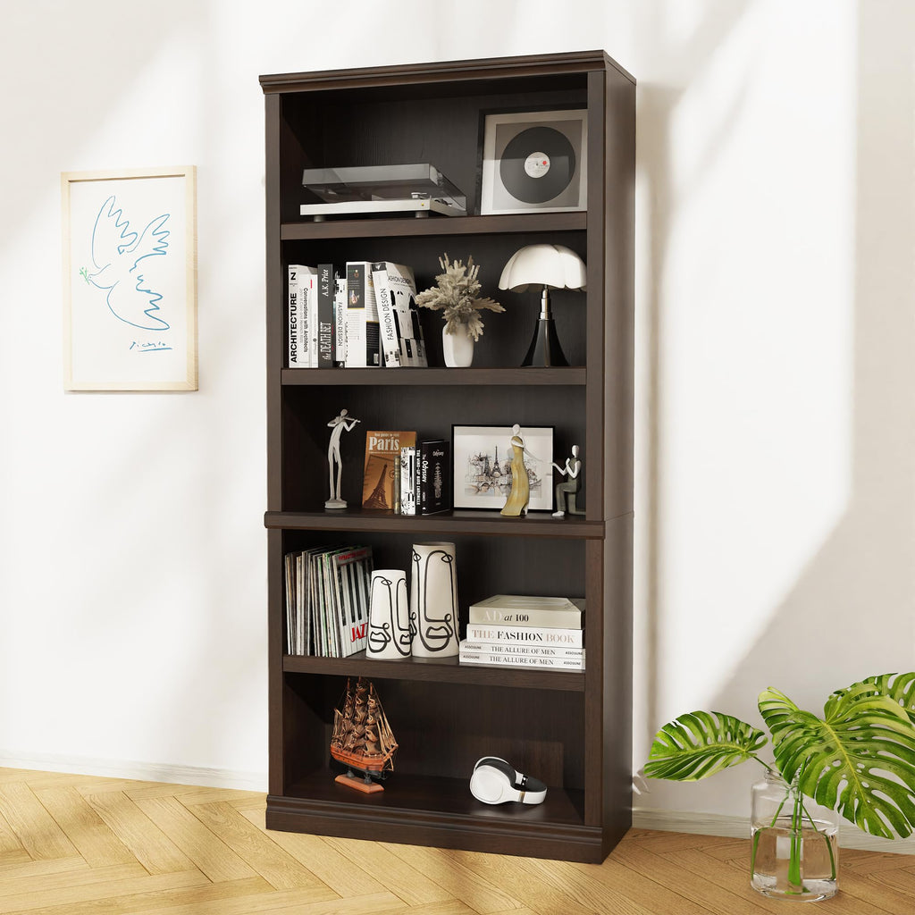 70-Inch Dark Cherry Bookcase, 5-Tier Shelves Open Storage Bookshelf
