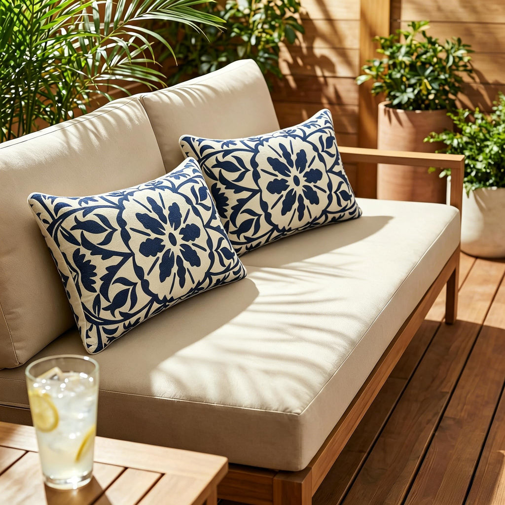 Outdoor Lumbar Pillow 12x20 Inch, Blue Boho Pillows