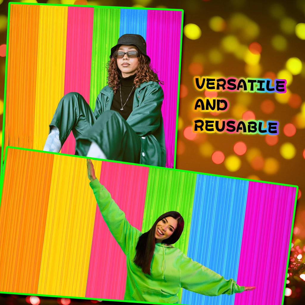 8 Pack Glow in The Dark Curtains Party Supplies 6.6 x 3.3 Ft Glow Tinsel Foil Fringe Curtains Colorful Patchwork