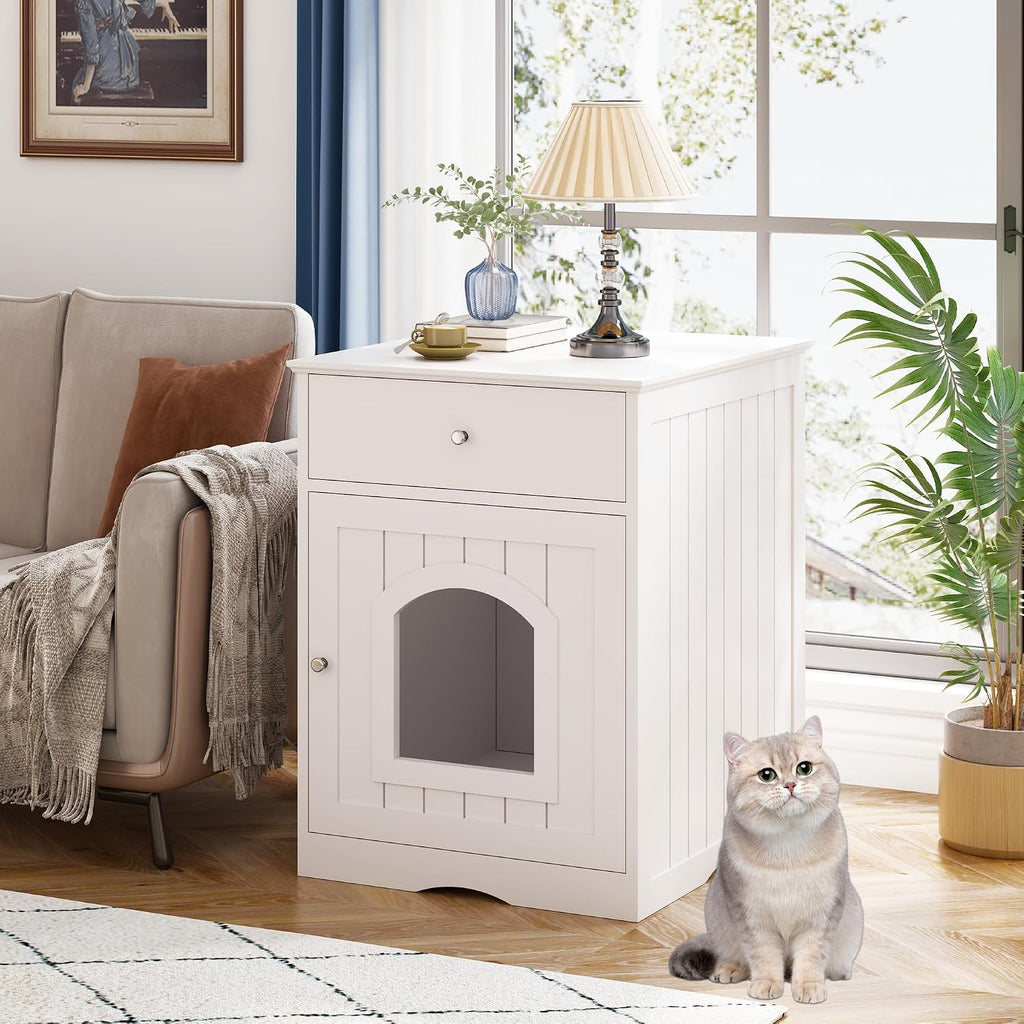 Litter Box Enclosure, Hidden Cat Litter Box Cabinet with Drawer, Wooden Pet Crate, Litter Box Furniture as Cat House