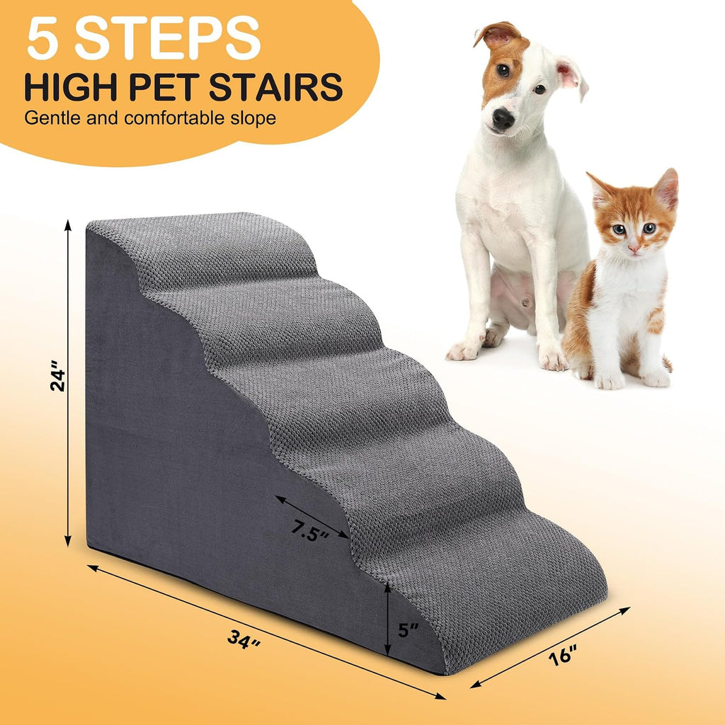 Dog Stairs for Bed, 5-Step Dog Steps for Couch and High Bed, Non-Slip Pet Stairs, 24" High Sofa Foam Ramp - Best