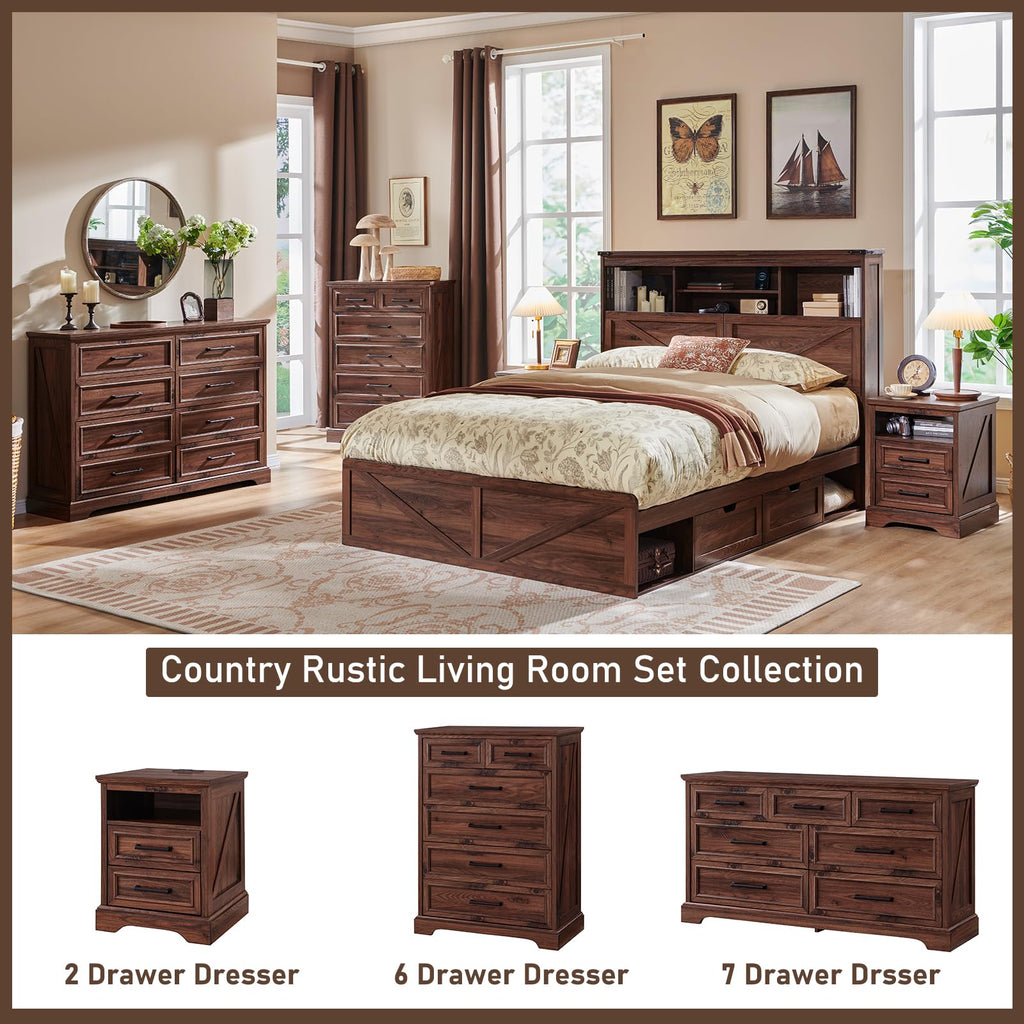 7 Drawer Dresser, 52" Wide Farmhouse Chest, Brown