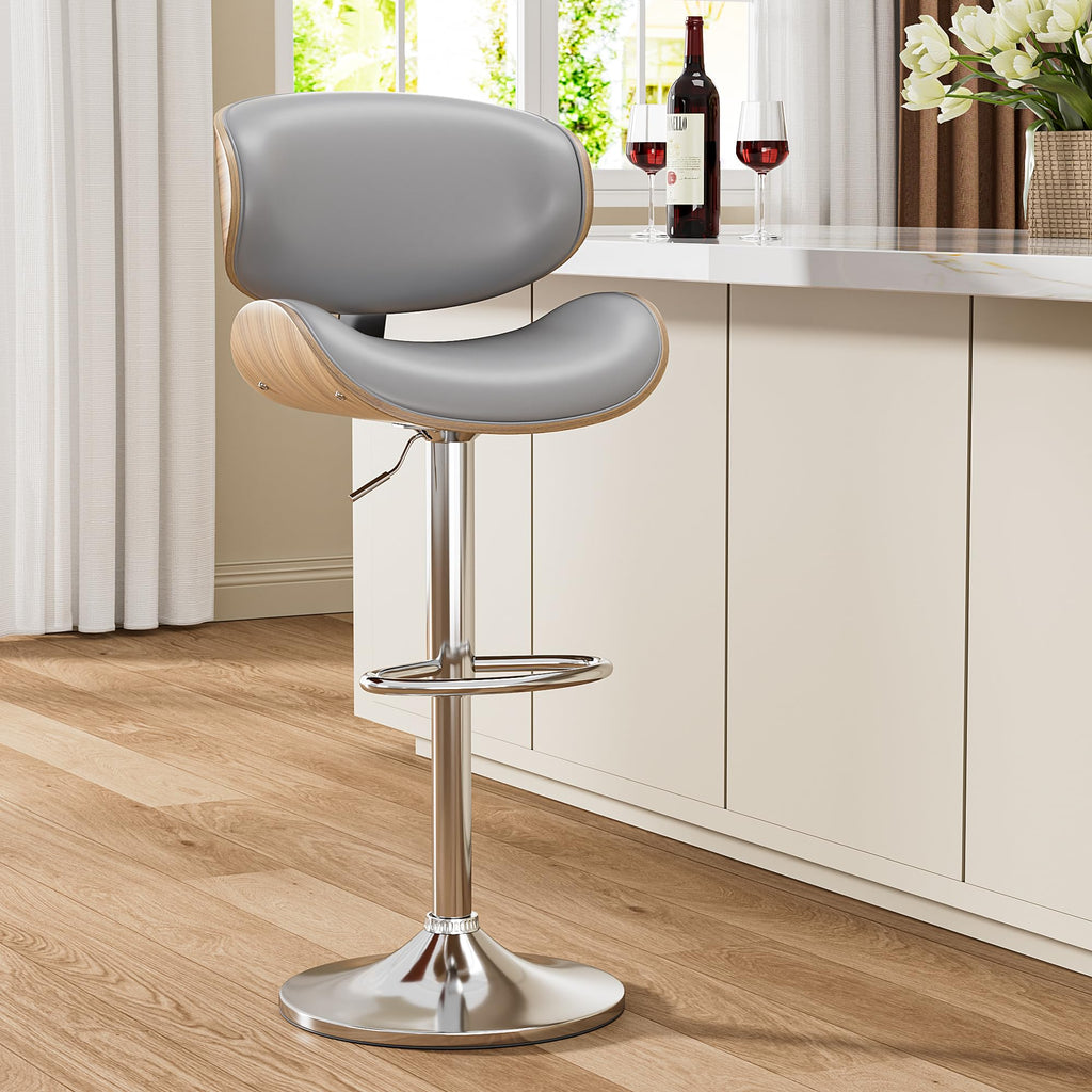 Swivel Adjustable Bar Stool with Bentwood Backrest, Grey