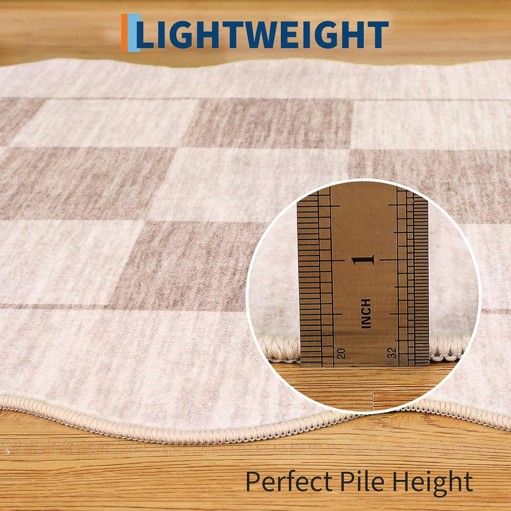 Scalloped Area Rug Modern Checkered Living Room Carpet, Non Slip Non Shedding Low Pile Indoor Rug, Machine