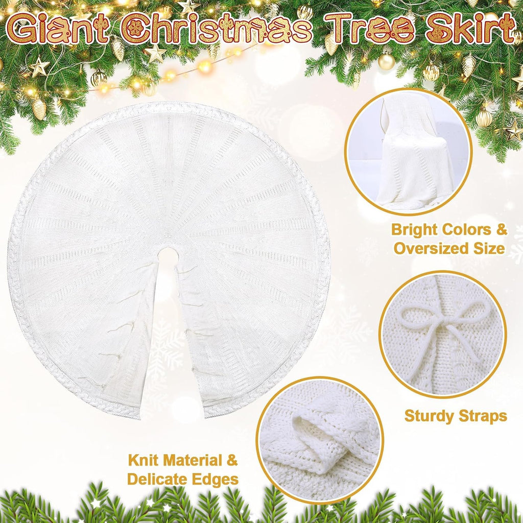 72 Inch Christmas Knitted Tree Skirt Giant White Chunky Xmas Tree Skirt Extra Large Braided Cable Knit Rustic