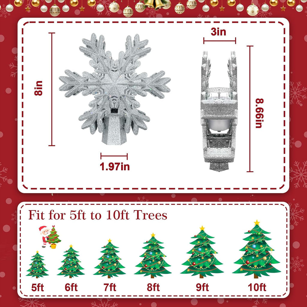 Tree Topper Lighted with LED Rotating Silver Snowflake Projector, 3D Hollow Glitter Lighted Silver Snow Christmas