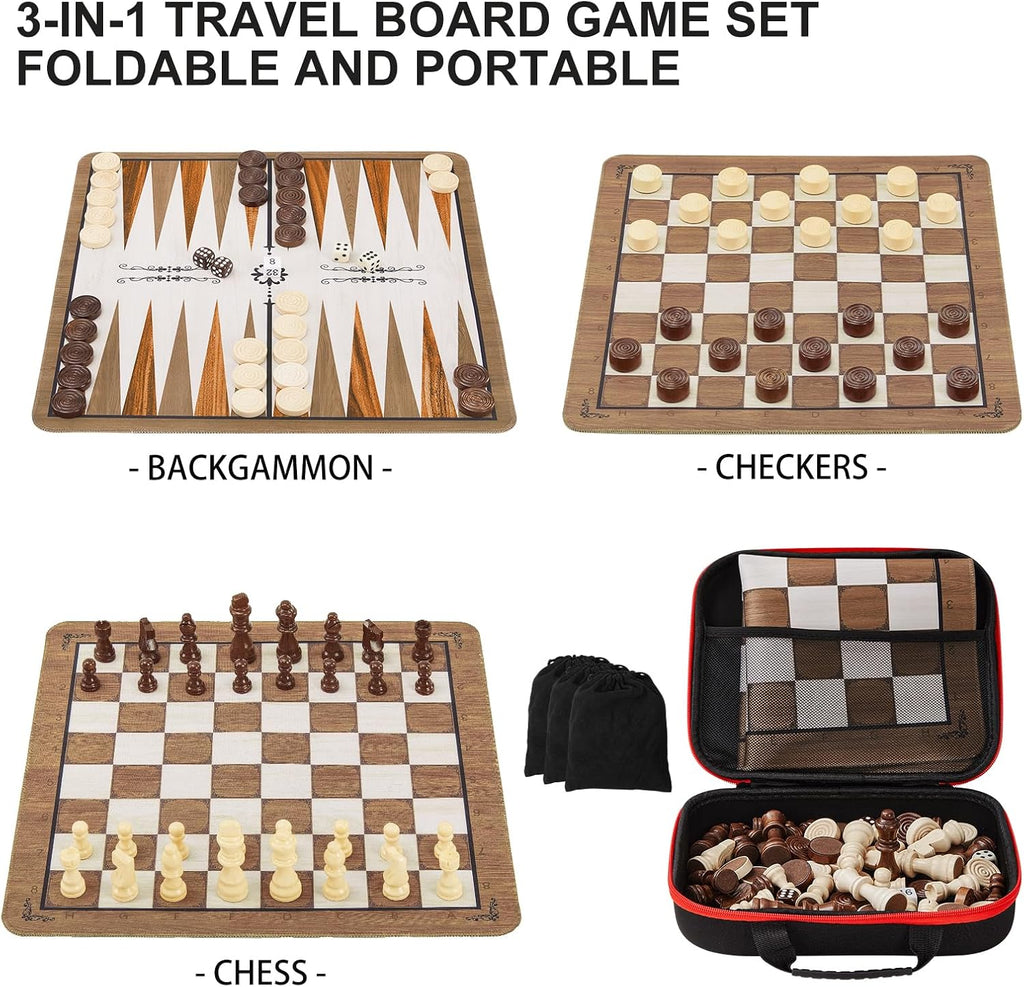 15" 3-in-1 Foldable Travel Chess Set Roll-Up Board with Checkers Backgammon