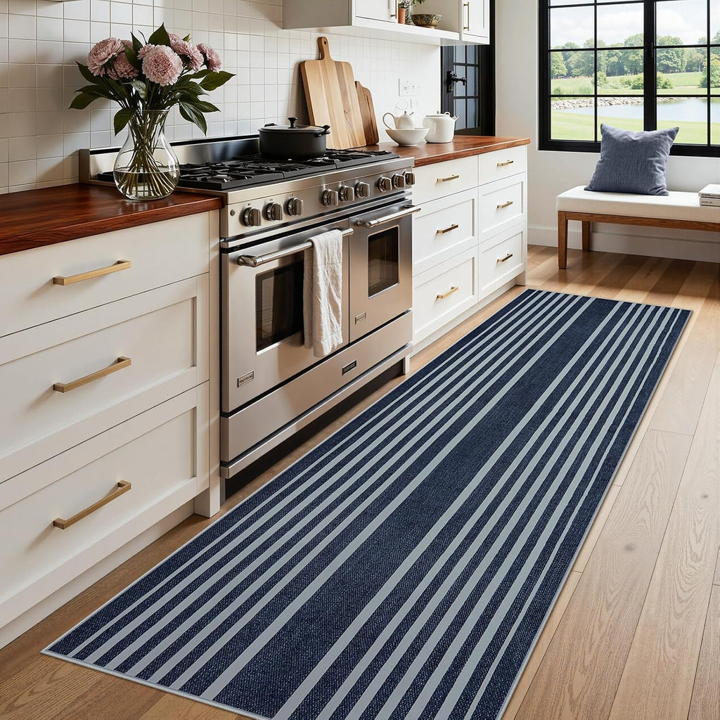 Striped Blue Runners s, 2. Washable Bathroom Runner with Rubber Backed, Non Slip Soft Low Pile Indoor Floor Carpet