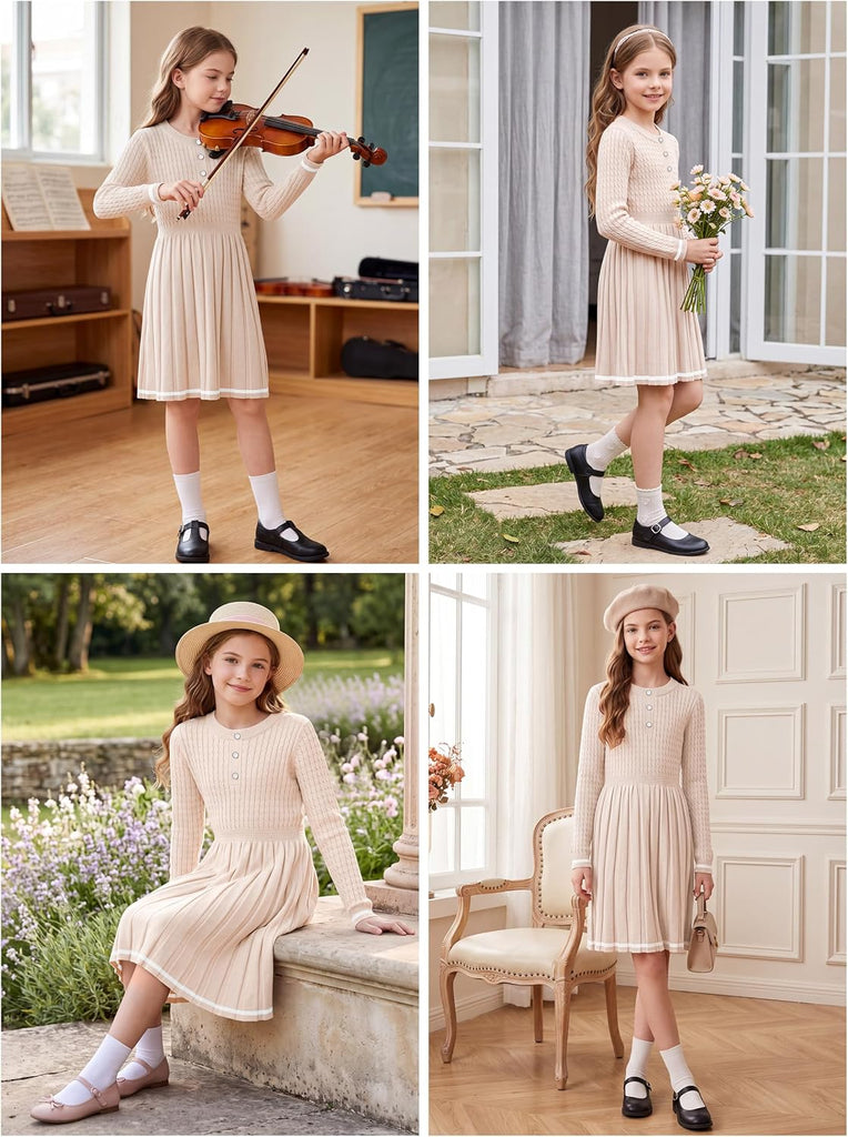 Girls Sweater Dress Long Sleeve Button A-Line Fall Winter Knit Dress