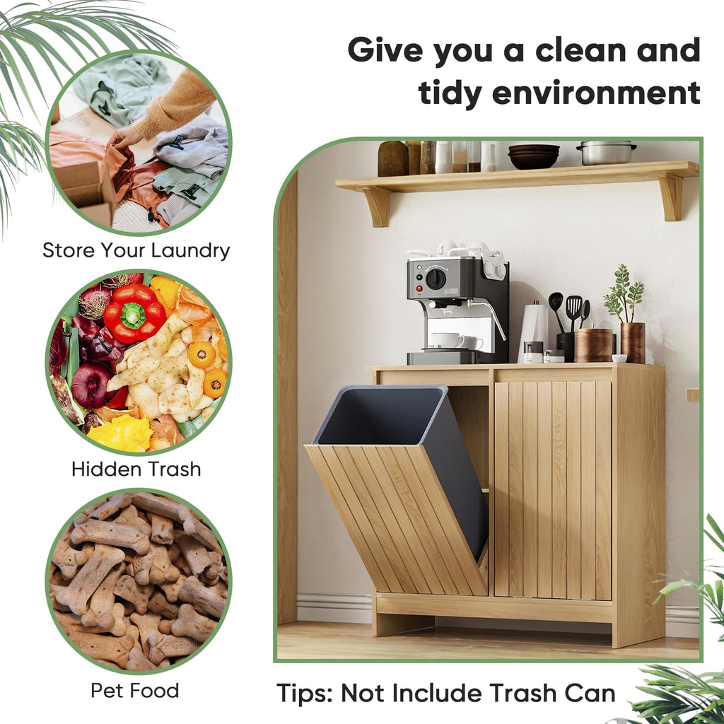 Double Tilt Out Laundry Hamper Cabinet, Hidden Laundry Cabinet with Double Baskets, Natural Trash Can