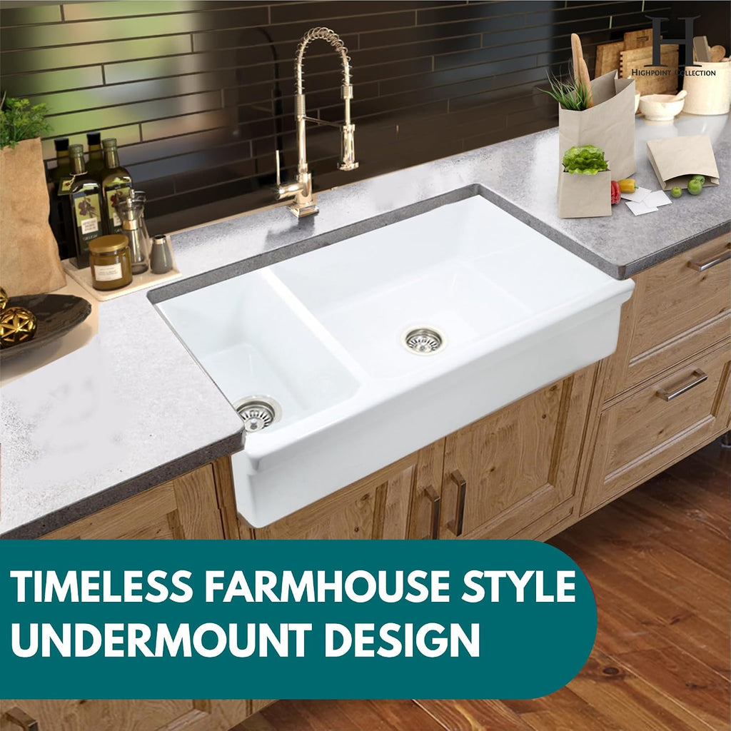 White Farmhouse Sink, 36" Farm Kitchen Sink, Fireclay | Apron Front, 90/10 Double Bowl, Reversible, Undermount, Made