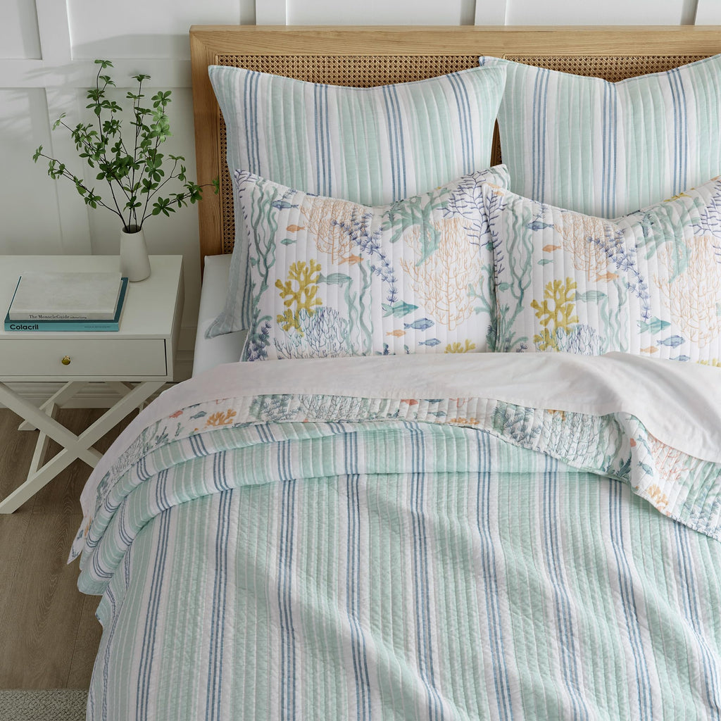 Ocean Meadow Quilt Set - Quilt and One Standard Sham - Coastal - Teal, Blue, Coral, White and Ochre - Quilt