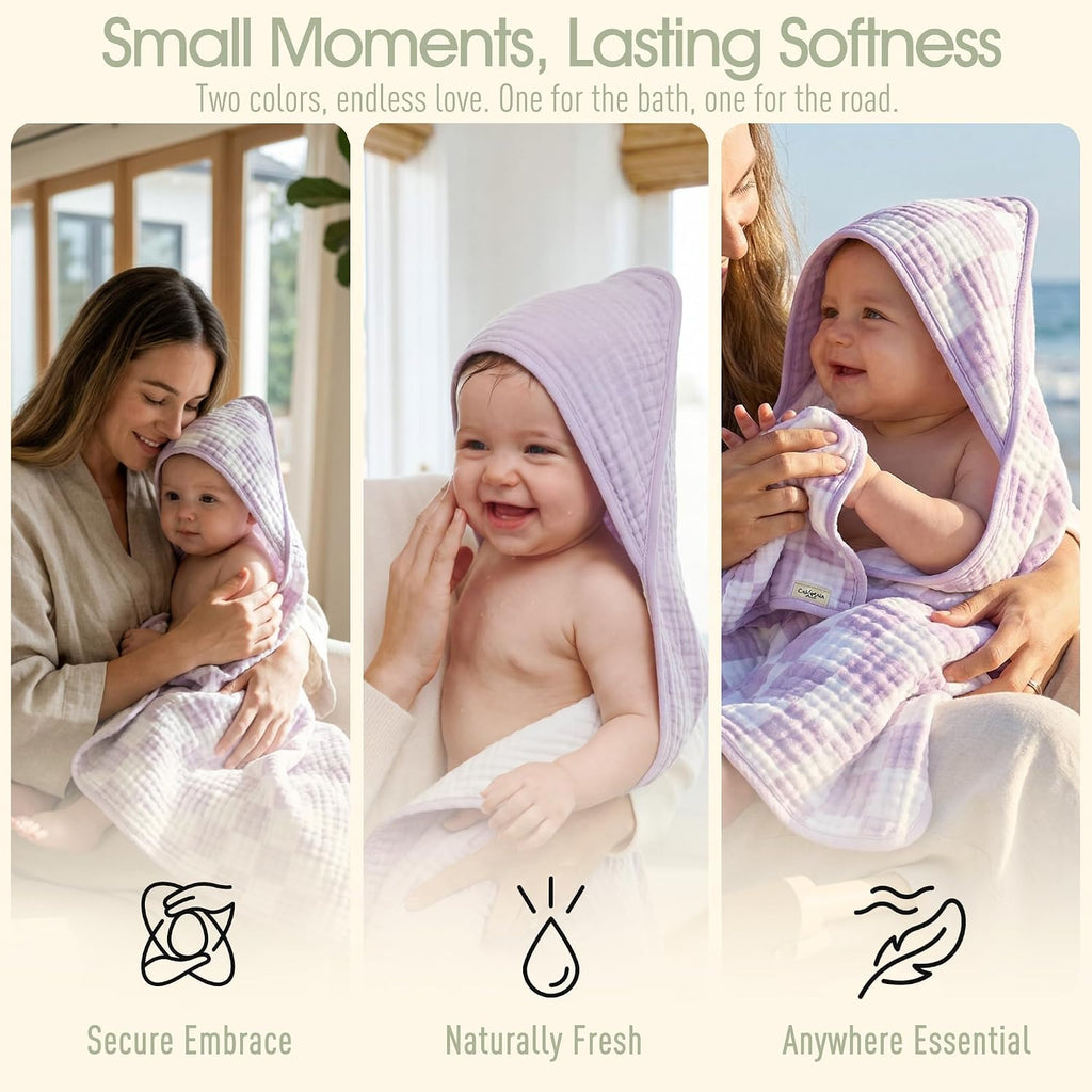 Muslin Baby Bath Towels Set Organic Cotton Blend (Purple Check)