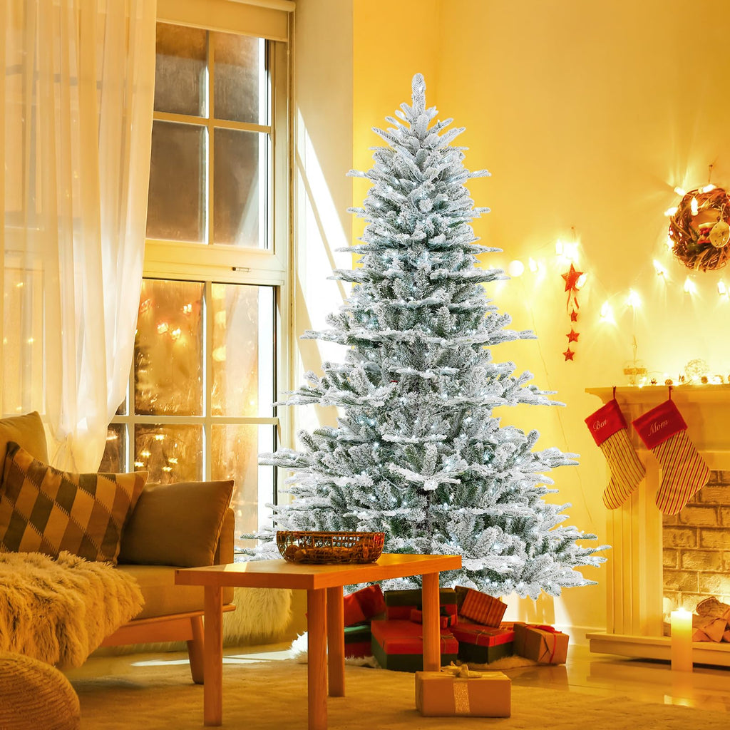 6 FT Pre-lit Artificial Xmas Tree with Remote Control, Flocked Christmas Tree with 661 PE PVC Branch Tips, 500 Cold