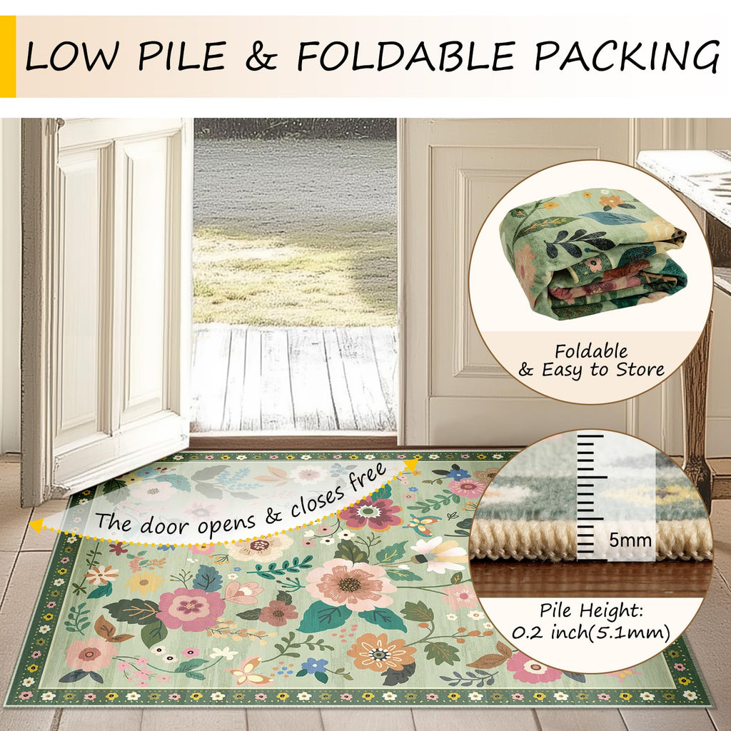 Floral Washable 4x6 Area Rugs LightGreen