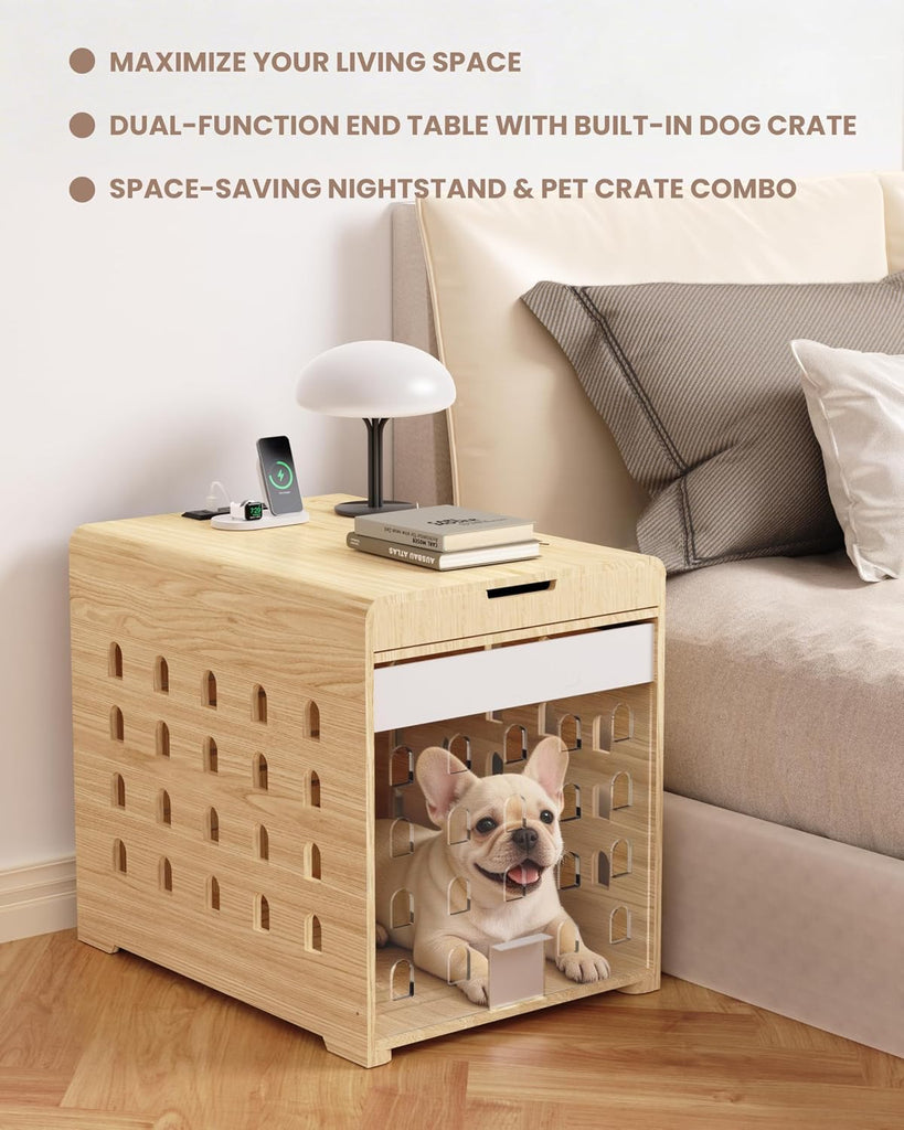 Modern Dog Crate Furniture with Charging Station - Wooden End Table Dog Crate with Flip-Up Acrylic Door, Indoor