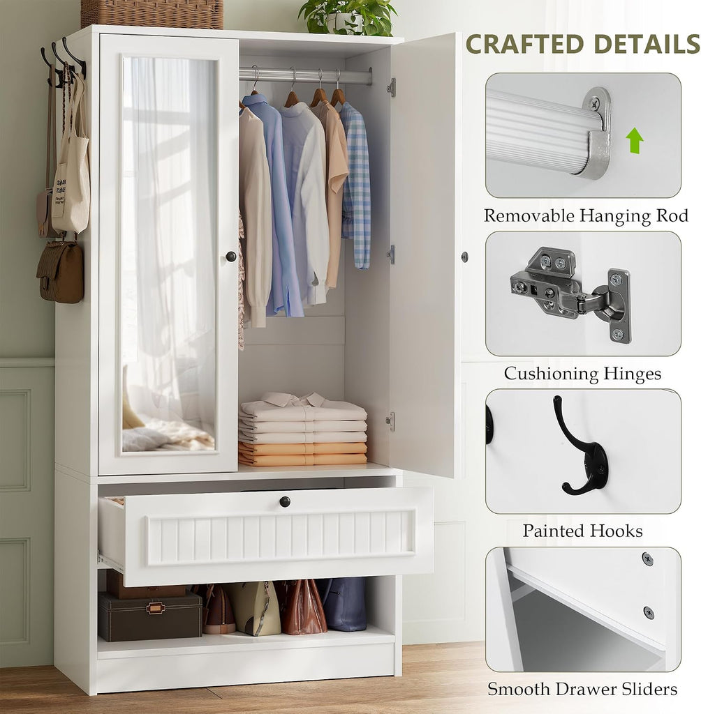 Armoire Wardrobe Cabinet with Mirror and Drawer, 70" 2-Door Wooden Closet Organizer Storage, White