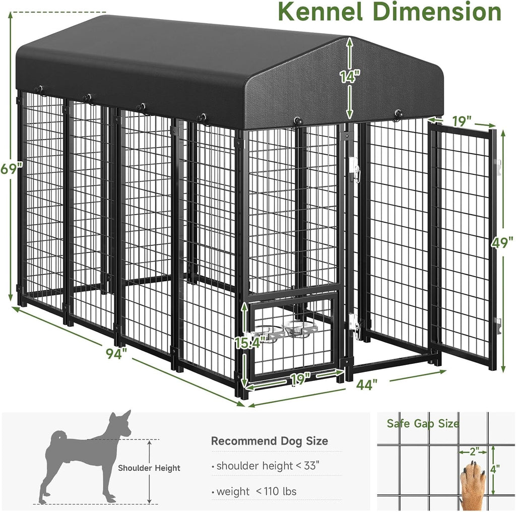 Dog Kennel Outdoor, Large Outside Dog Kennel with Roof & Swivel Feeders/Removable Doggy Door Allow Connecting Your