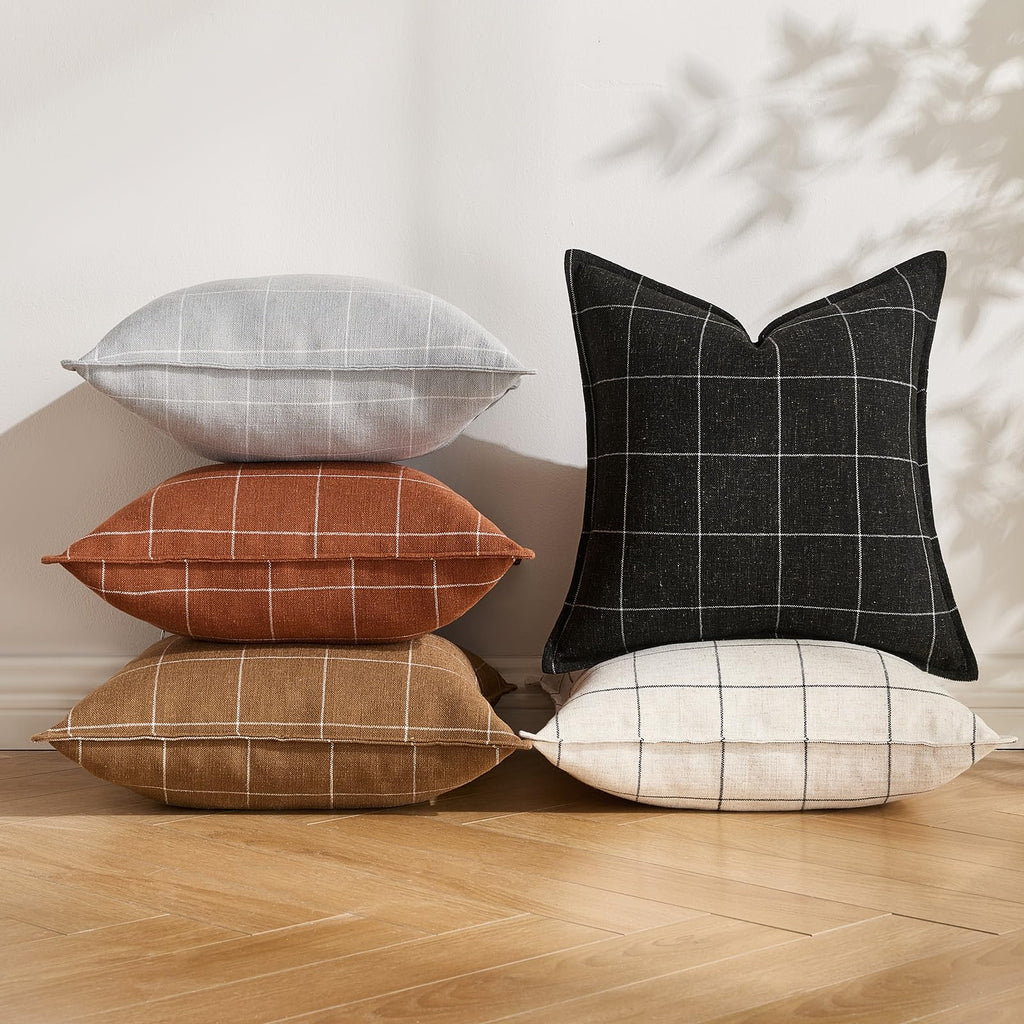 Gray Pillows Neutral Grey Plaid Linen Throw Pillow Covers 20x20 Set of 2