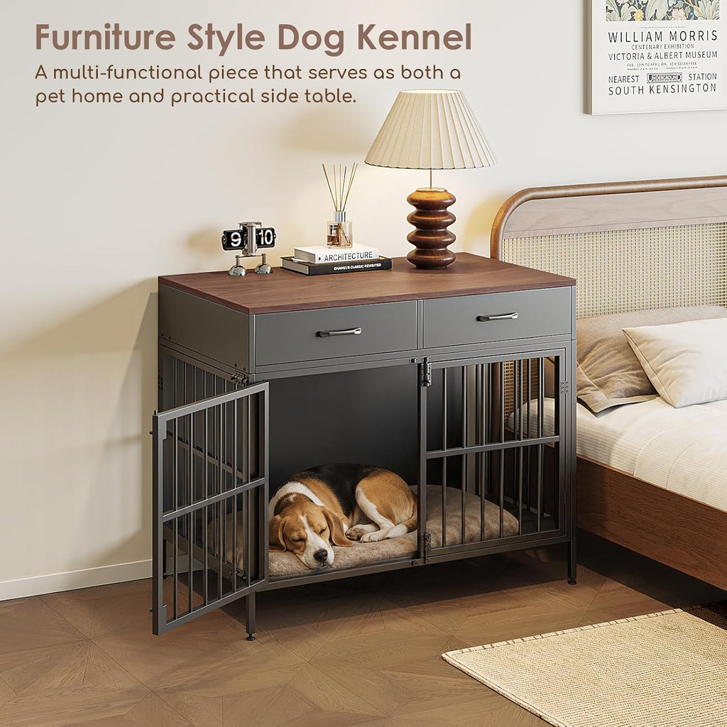 XL Dog Crate Furniture, 39.4" Heavy-Duty Dog Kennel with 2 Storage Drawers
