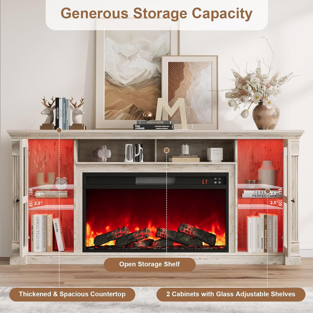 Farmhouse Fireplace TV Stand Up to 80" TVs, 70" Modern Highboy Entertainment Center with 36" Electric Fireplace & LED