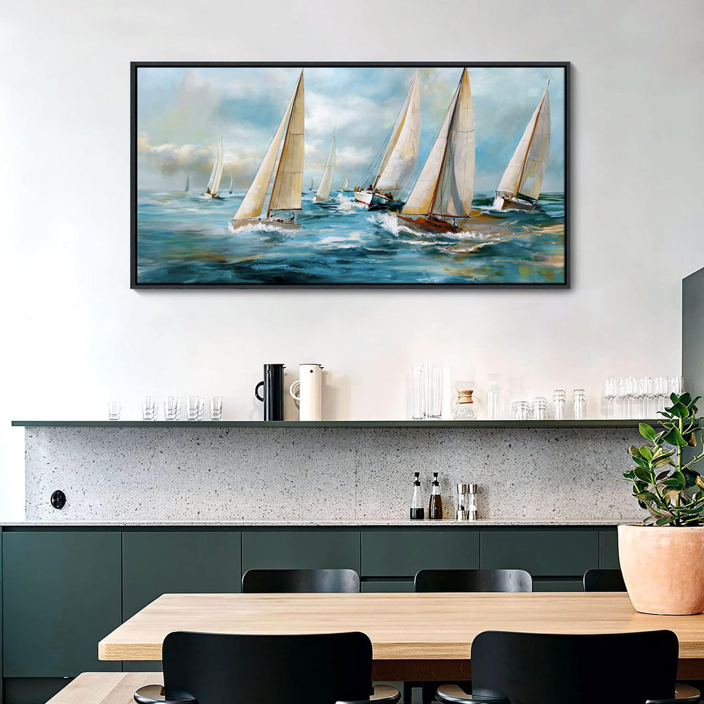 Sailboat Wall Art - Blue Canvas Retro Painting Textured Picture Artwork Vintage Nautical Large Painting Coastal