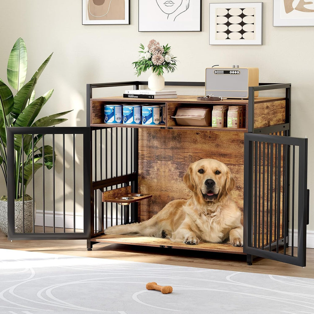 48 Inch Heavy Duty Dog Crate Furniture for Large and Medium Dogs - Metal & Wooden Kennel with 2 Storage Drawers, 360°