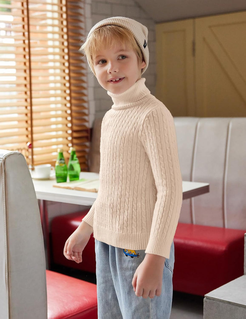 Boy's Ribbed Turtleneck Cable Knitted Sweater Slim Fit Pullover Sweater for Kids