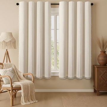 Boho 100% Blackout Curtains 84 Inch 2 Panels Linen Blend Beige