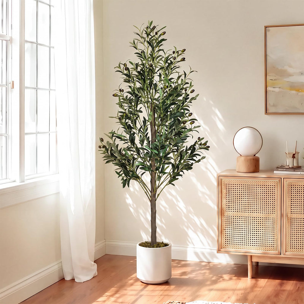 5ft Faux Olive Tree with White Planter, Artificial Plants