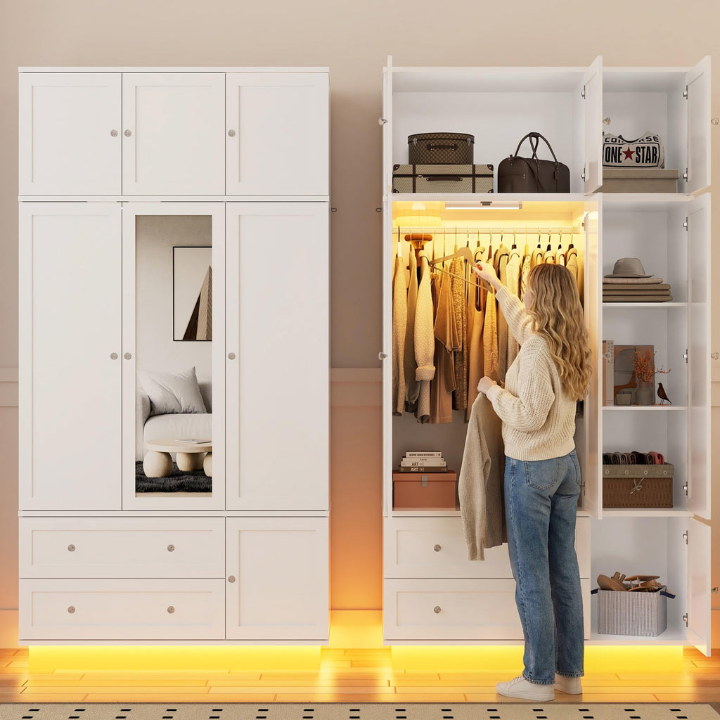 92.2" Tall Armoire Wardrobe Closet with Mirror & Motion Sensor Light, Large Storage Cabinet with 2 Drawers, Hanging