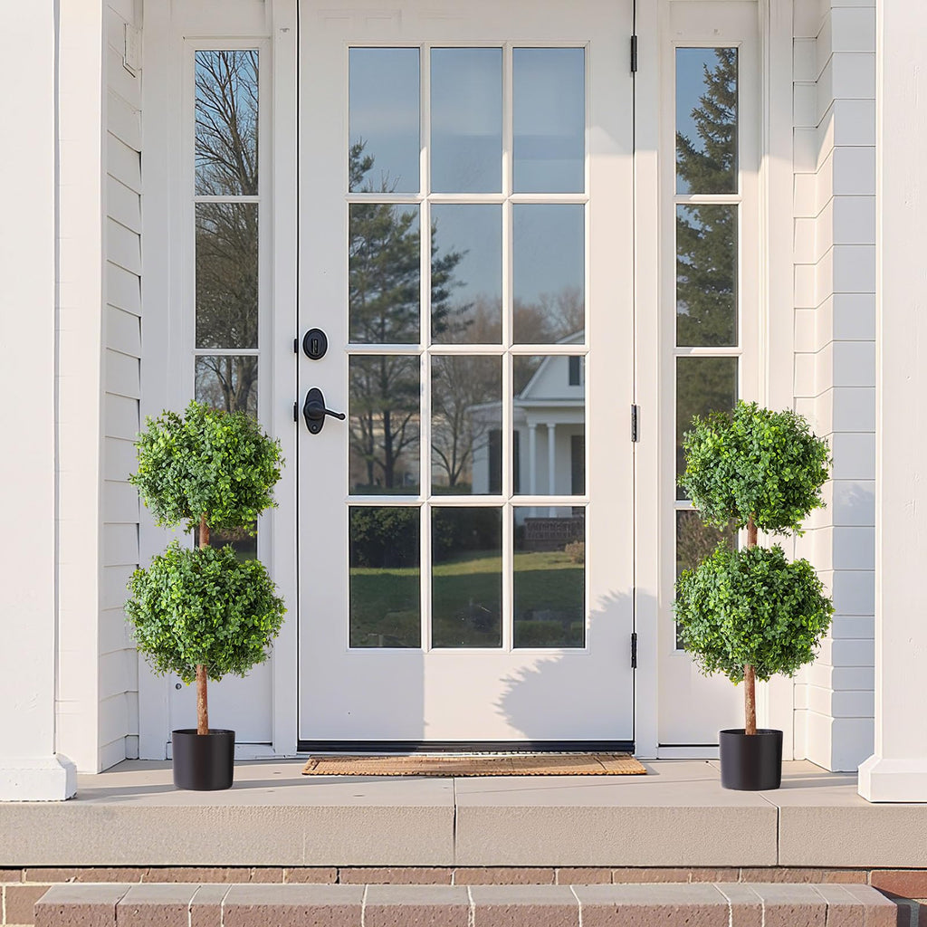 Artificial Topiary Boxwood Double Ball, 2 Set 36 inch Faux Boxwood Plant Balls, Fake Silk Tree Look Real, Easy