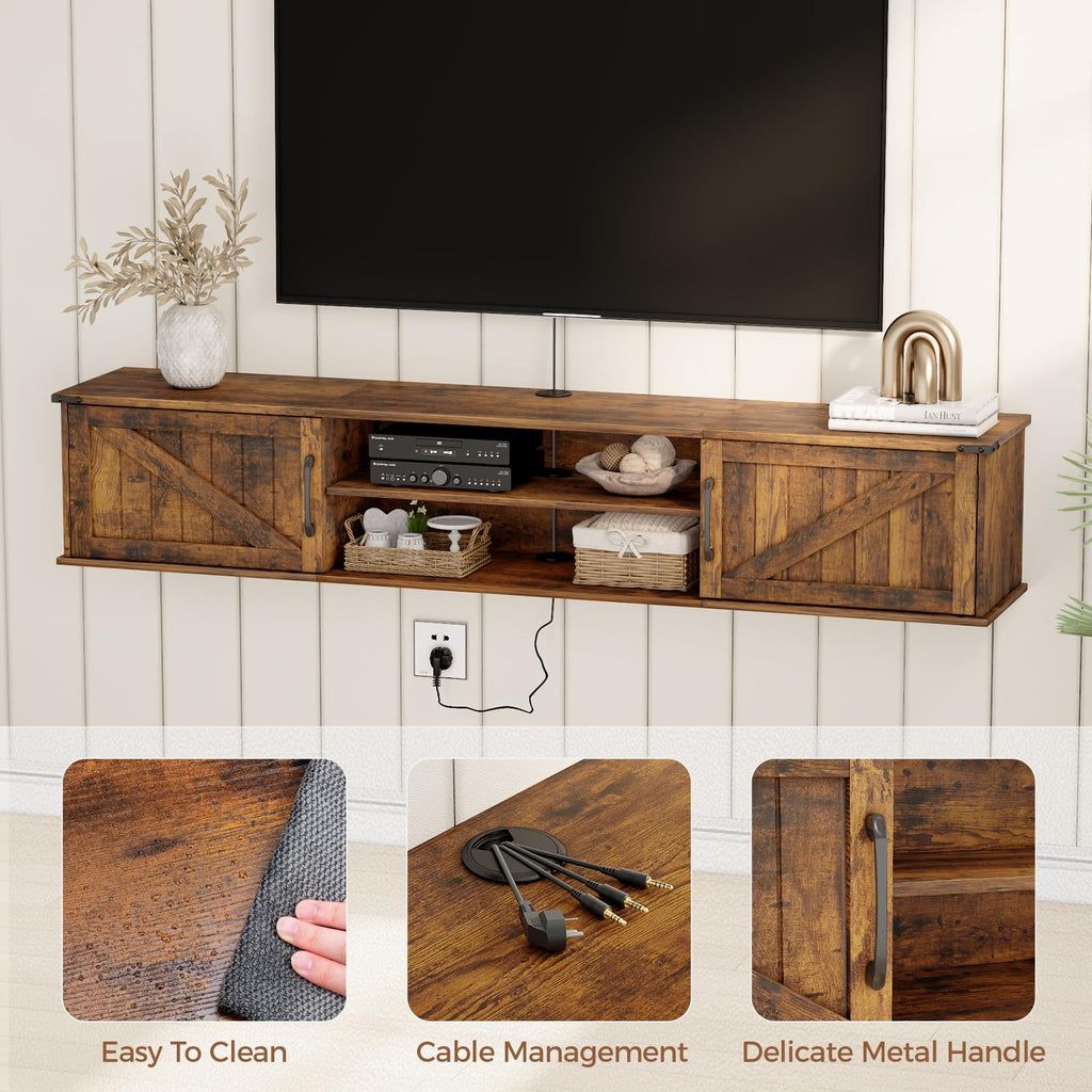 63" Farmhouse Floating TV Stand with Doors for TVs up to 80", Brown