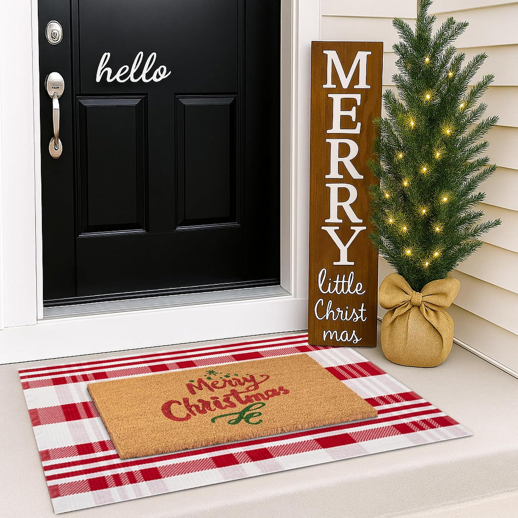 Christmas Door Mat Combo Set - 100% Coco Coir Welcome Mat + 28 x 43 Inch Red and White Diagonal Plaid Rug, New Year