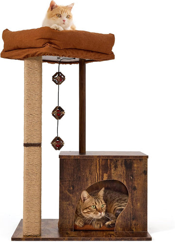 Retro-Modern Cat Tree, Small Wooden Cat Tower with Post and Condo